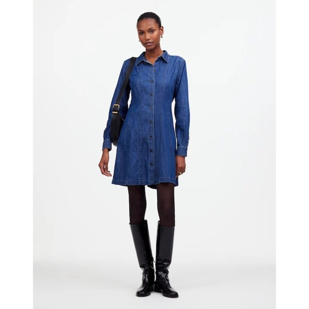Madewell Denim Seamed Mini Shirt Dress Long Sleeve Button Front Blue Size 8